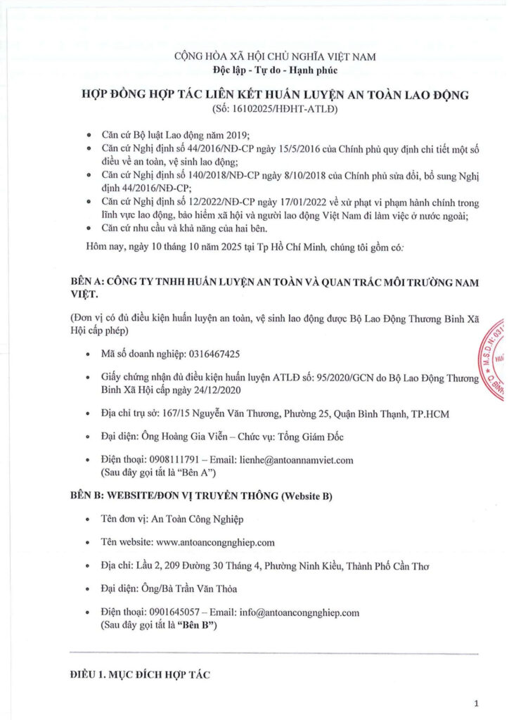 Hợp đồng đối tác giữa An Toàn Công Nghiệp và An Toàn Nam Việt