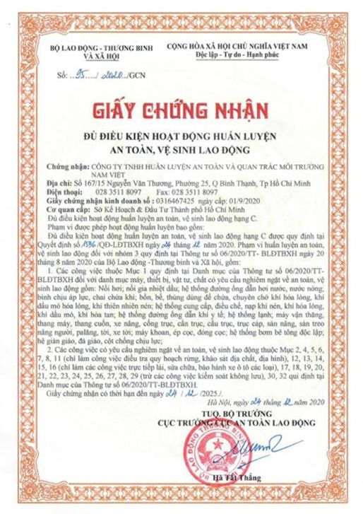 Giấy chứng nhận năng lực huấn luyện an toàn, vệ sinh lao động hạng C