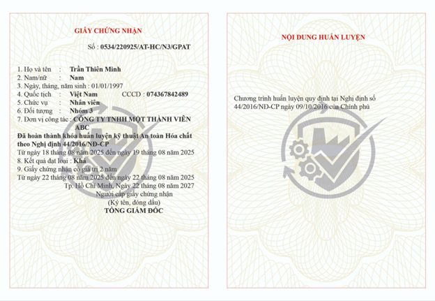 Mẫu chứng chỉ an toàn lao động