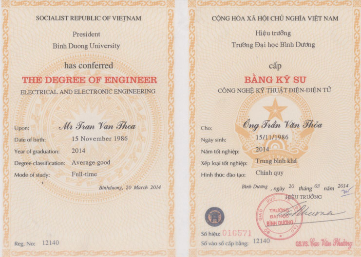 Bằng đại học kỹ sư kỹ thuật điện - điện tử của giảng viên Trần Văn Thỏa